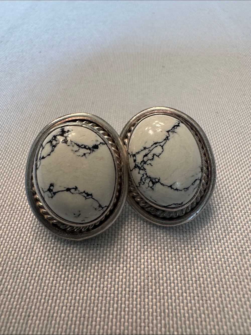 White Howlite Oval Cabochon Sterling 925  Silver Earrings